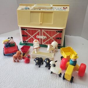 Fisher Price Family Farm 1967 Barn Little People Vintage People Animals Car